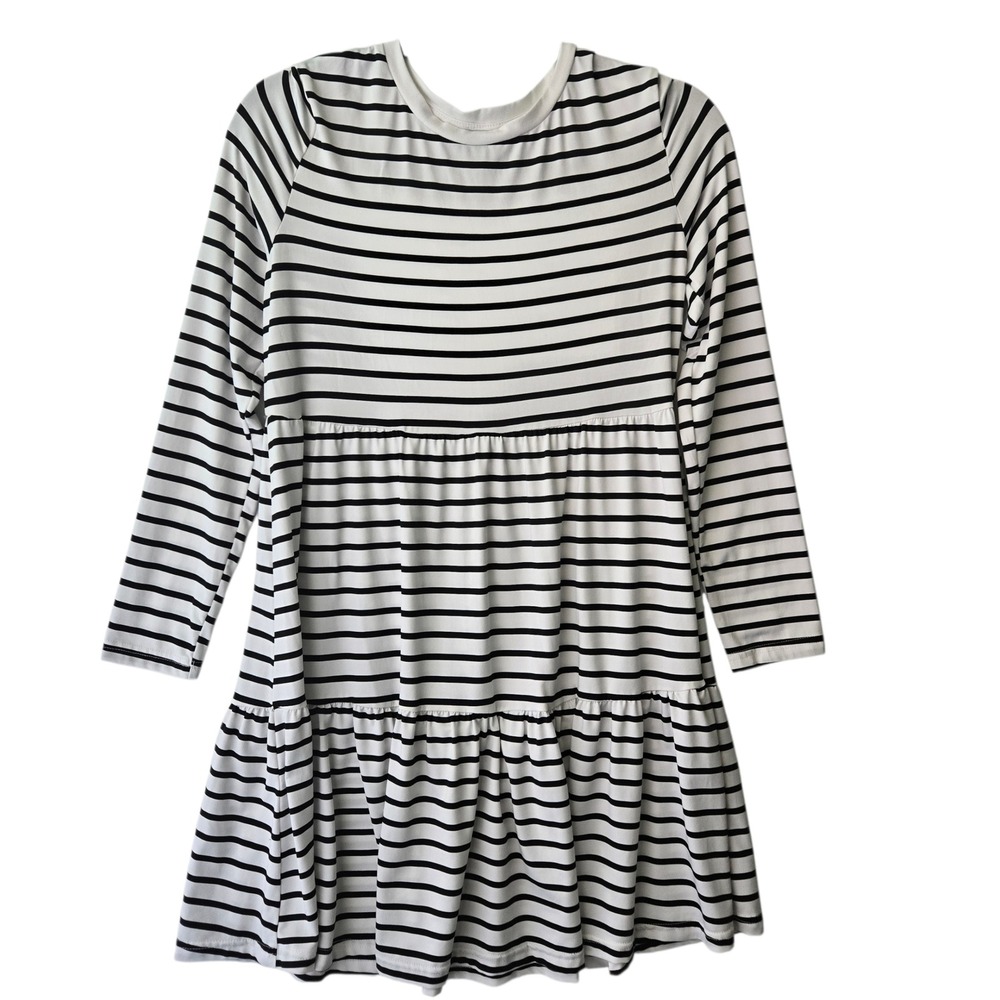 Womens Striped Tiered Babydoll Mini Dress Small Black White Long Sleeve Nautical